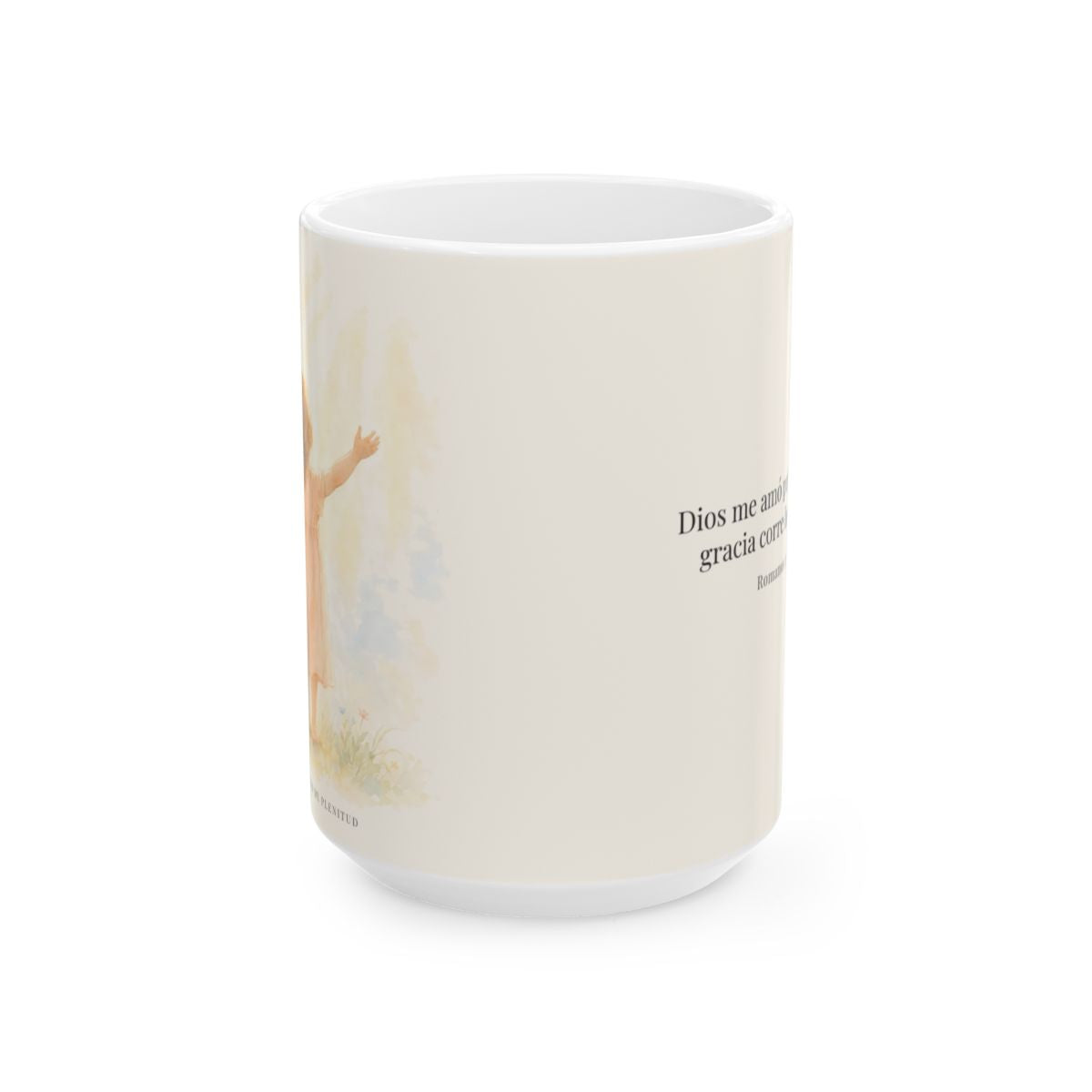 Cristo murió por mí cuando yo aún era pecador | Taza cristiana con frase devocional | Romanos 5:8 — 15 oz · Vista frontal