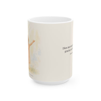 Cristo murió por mí cuando yo aún era pecador | Taza cristiana con frase devocional | Romanos 5:8 — 15 oz · Vista frontal