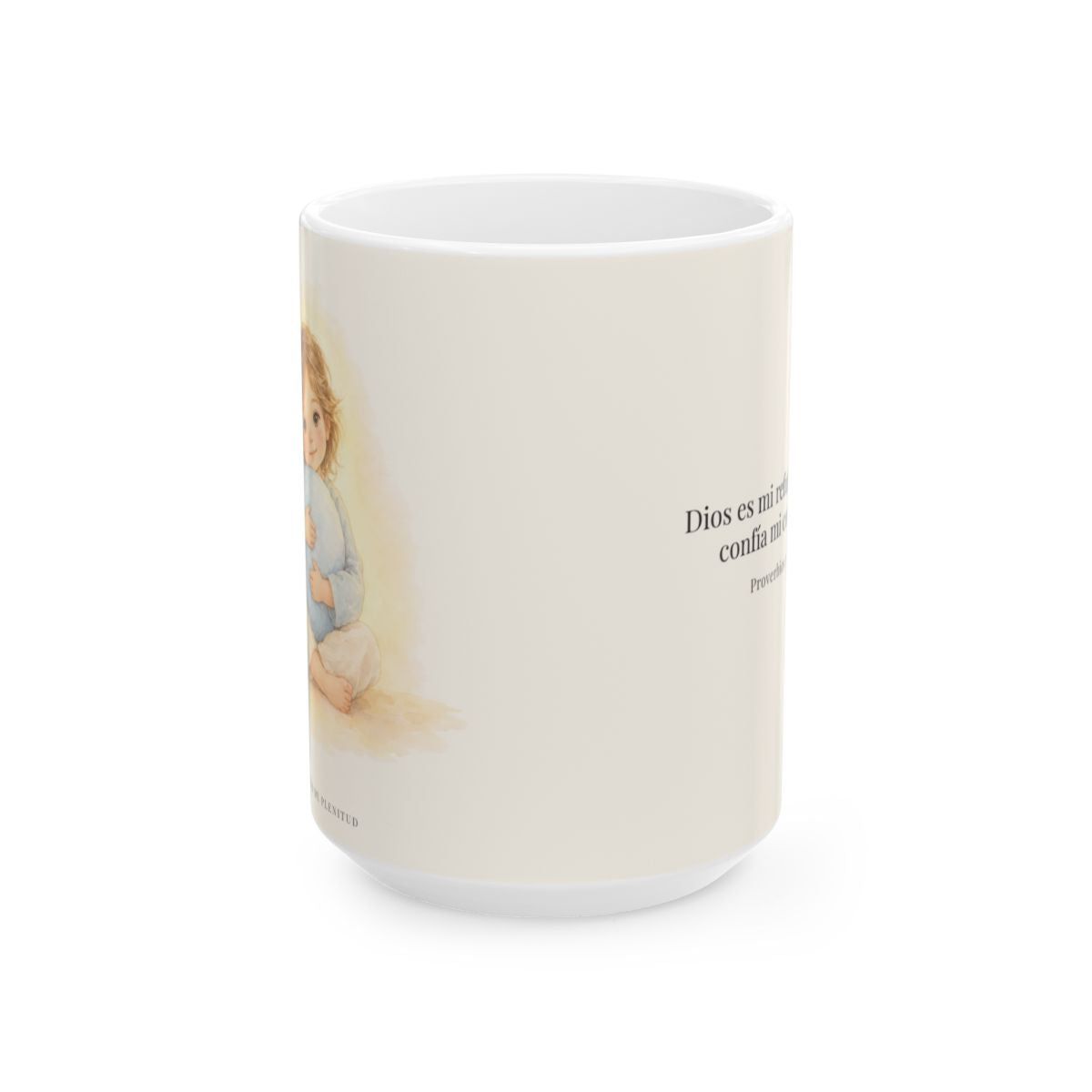 En Dios encuentro mi refugio | Taza cristiana con frase devocional | Proverbios 30:5 — 15 oz · Vista frontal