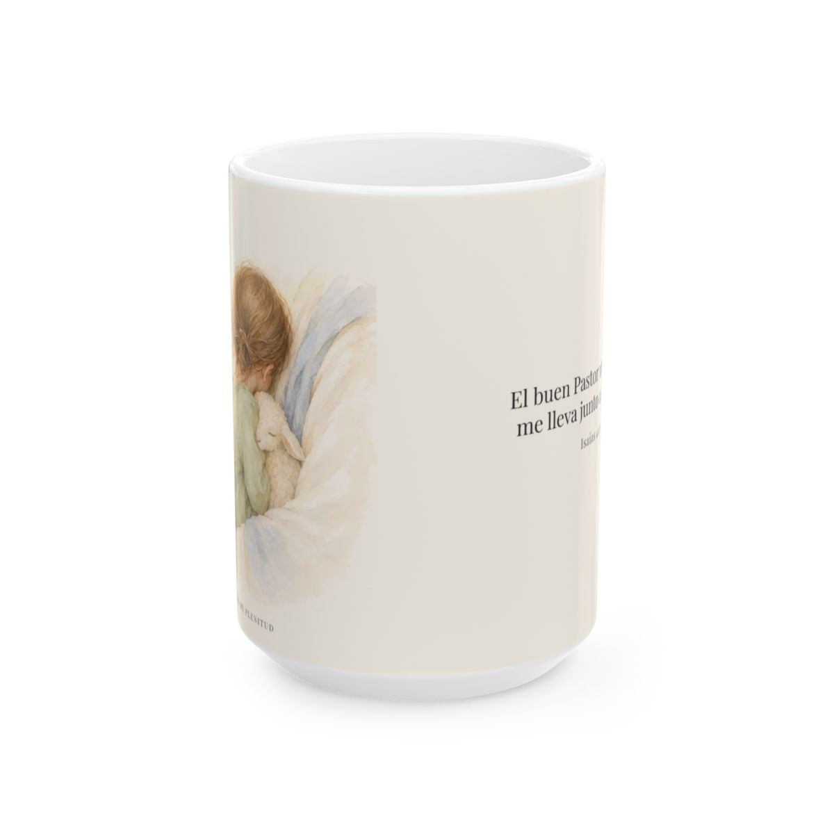 El buen Pastor me lleva junto a su corazón | Taza cristiana para regalar | Isaías 40:11 — 15 oz · Vista frontal