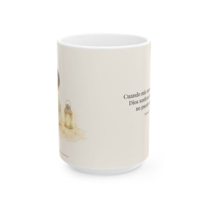 Dios sostiene lo que yo ya no puedo sostener | Taza de inspiración bíblica | Salmo 73:26 — 15 oz · Vista frontal