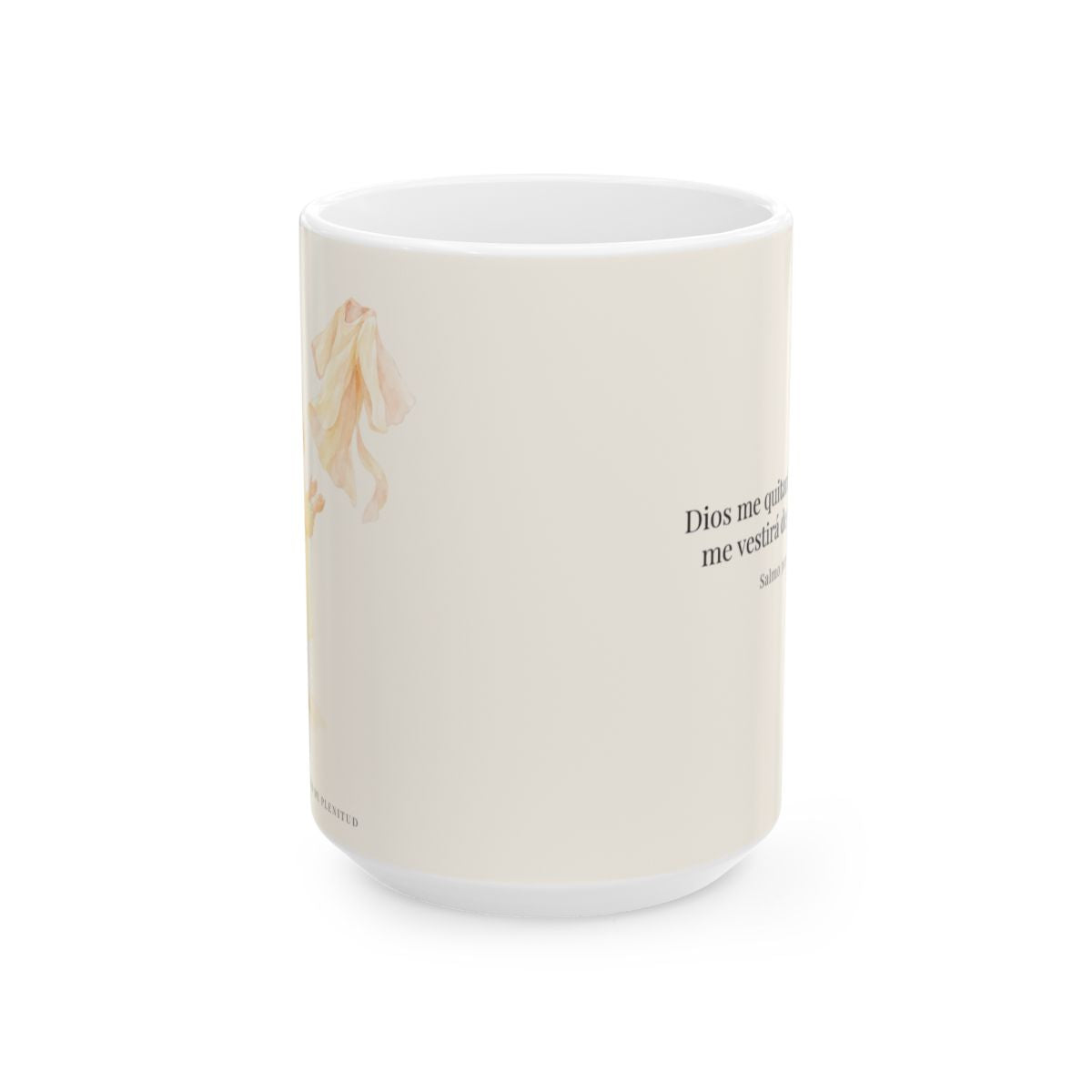 Dios me vestirá de alegría | Taza devocional ilustrada | Salmo 30:11 — 15 oz · Vista frontal