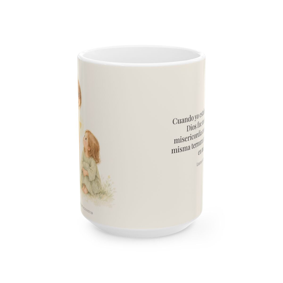 Dios es movido a misericordia | Taza cristiana con frase devocional | Lucas 15:20 — 15 oz · Vista frontal