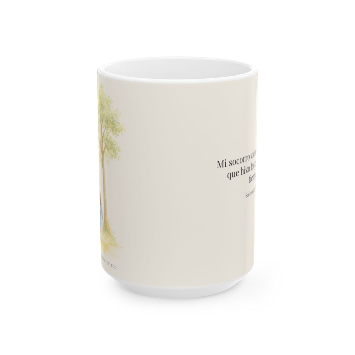 Mi socorro viene de Jehová | Taza con arte cristiano | Salmo 121:1-2 — 15 oz · Vista frontal
