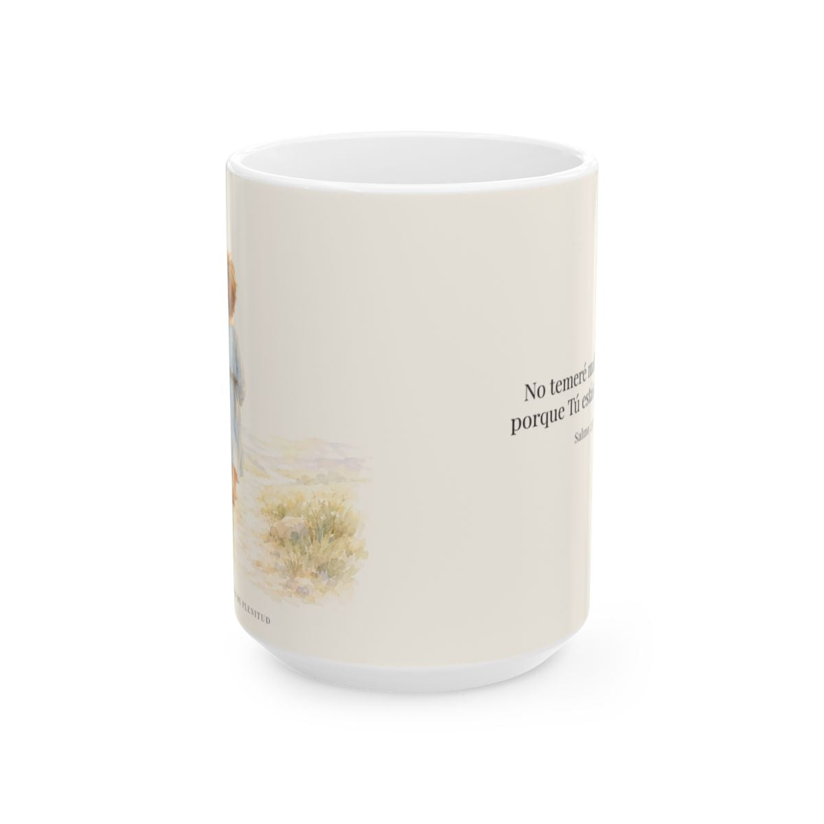 Aunque ande en valle de sombra, Tú estás conmigo | Taza cristiana en dos tamaños | Salmo 23:4 — 15 oz · Vista frontal