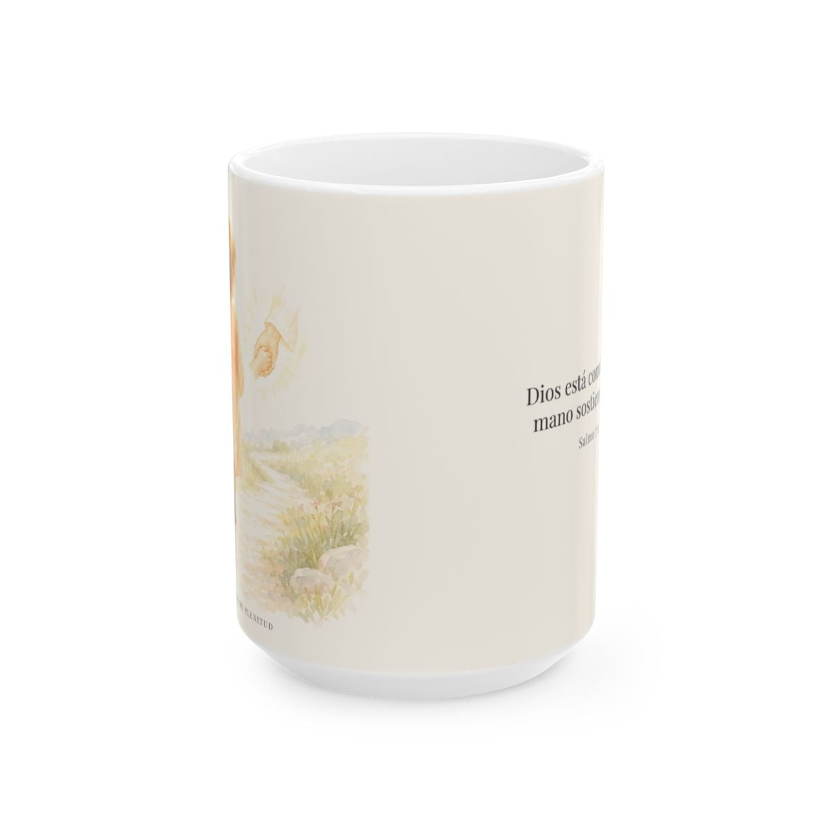 Nunca estoy solo | Taza de fe para cada mañana | Salmo 73:23 — 15 oz · Vista frontal