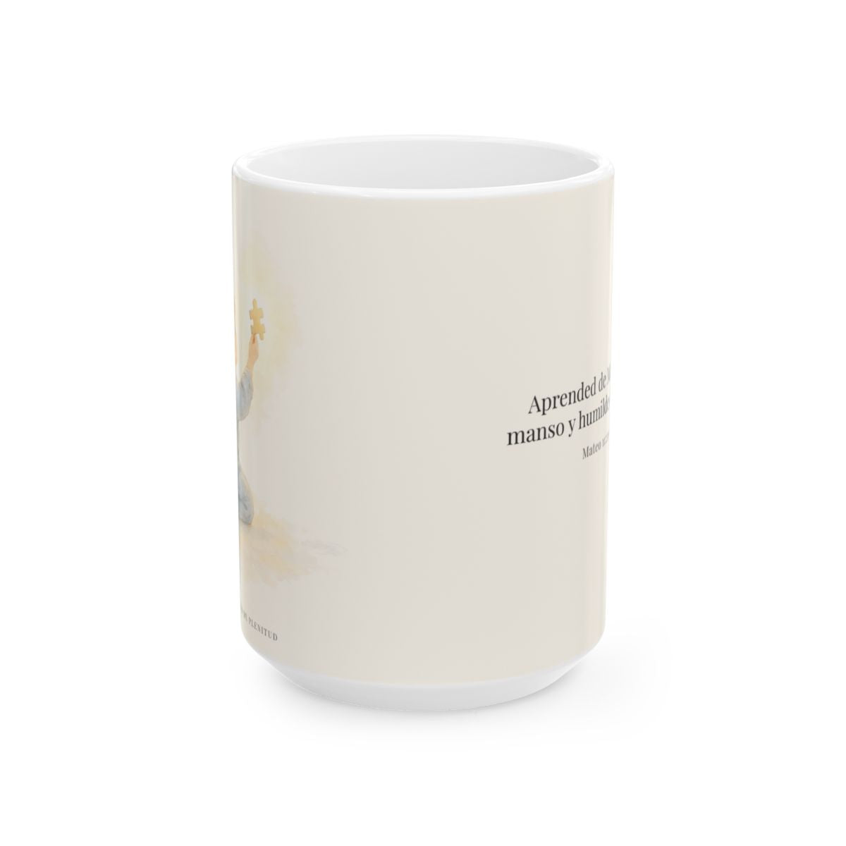 Aprended de Mí, que soy manso y humilde | Taza cristiana en dos tamaños | Mateo 11:29-30 — 15 oz · Vista frontal