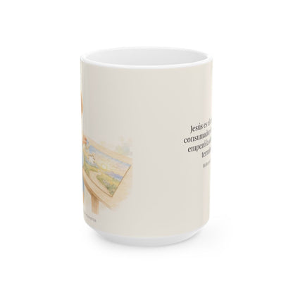 Jesús es el autor y consumador de nuestra fe | Taza cristiana con frase devocional | Hebreos 12:2 — 15 oz · Vista frontal