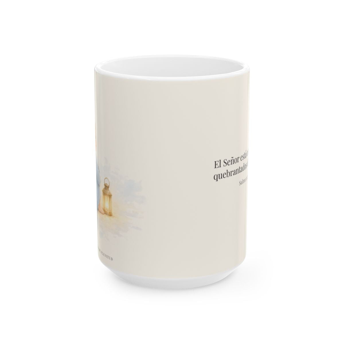 Jehová está cerca de los quebrantados de corazón | Taza devocional ilustrada | Salmo 34:18 — 15 oz · Vista frontal