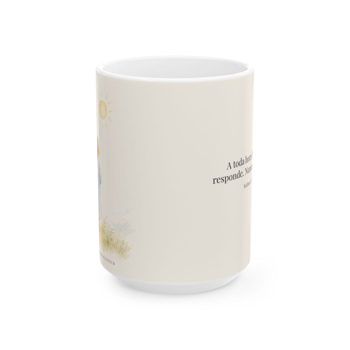 El Señor responde tarde, mañana y a mediodía | Taza devocional de fe | Salmo 55:17 — 15 oz · Vista frontal