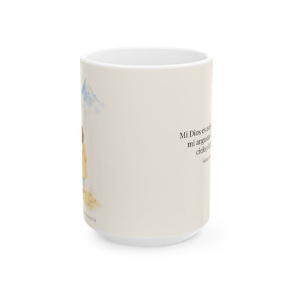 Mi Dios es más grande que mi angustia | Taza de inspiración bíblica | Salmo 121:1-2 — 15 oz · Vista frontal