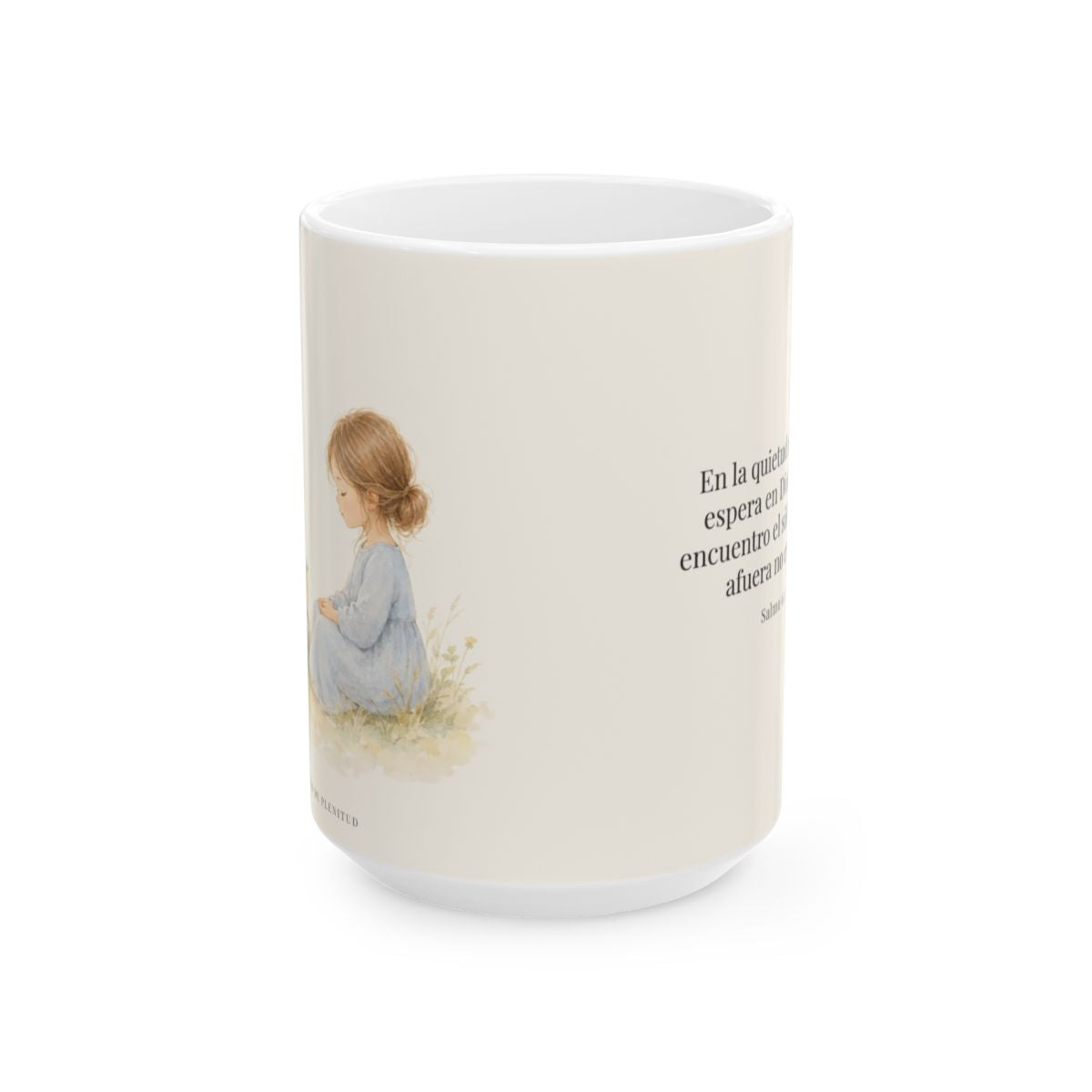En la quietud, mi alma espera en Dios | Taza cristiana en dos tamaños | Salmo 62:1 — 15 oz · Vista frontal