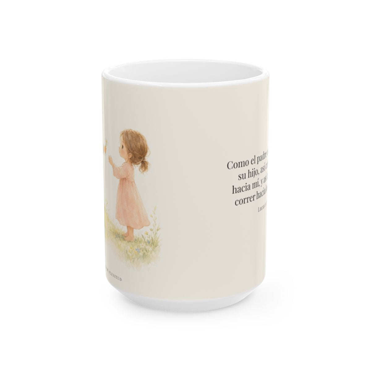 El Padre corre a mi encuentro | Taza con arte cristiano | Lucas 15:20 — 15 oz · Vista frontal