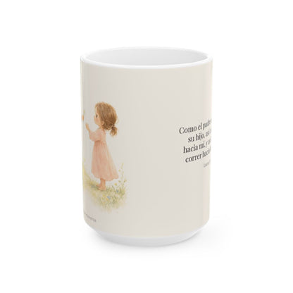 El Padre corre a mi encuentro | Taza con arte cristiano | Lucas 15:20 — 15 oz · Vista frontal