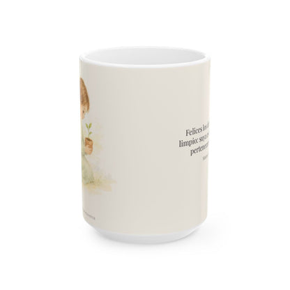 Felices los que pertenecen a Dios | Taza cristiana en dos tamaños | Mateo 5:8 — 15 oz · Vista frontal