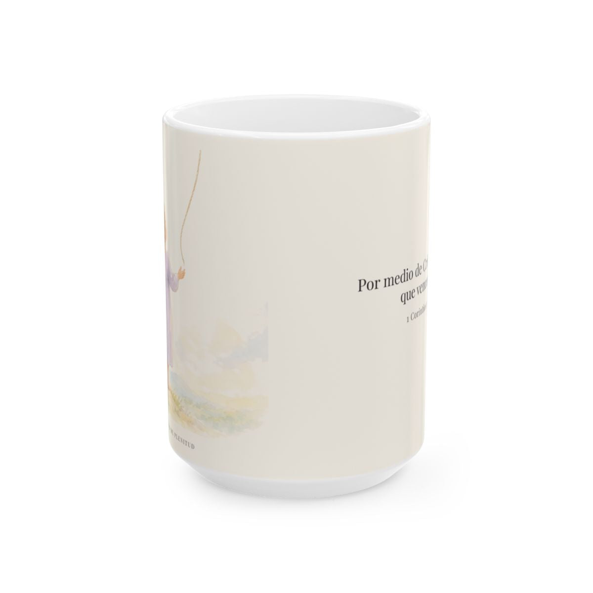 Por medio de Cristo soy más que vencedor | Taza con arte cristiano | 1 Corintios 15:57 — 15 oz · Vista frontal