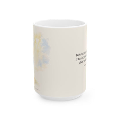 Dios guarda el corazón que le entrego | Taza de fe para cada mañana | Mateo 5:8 — 15 oz · Vista frontal