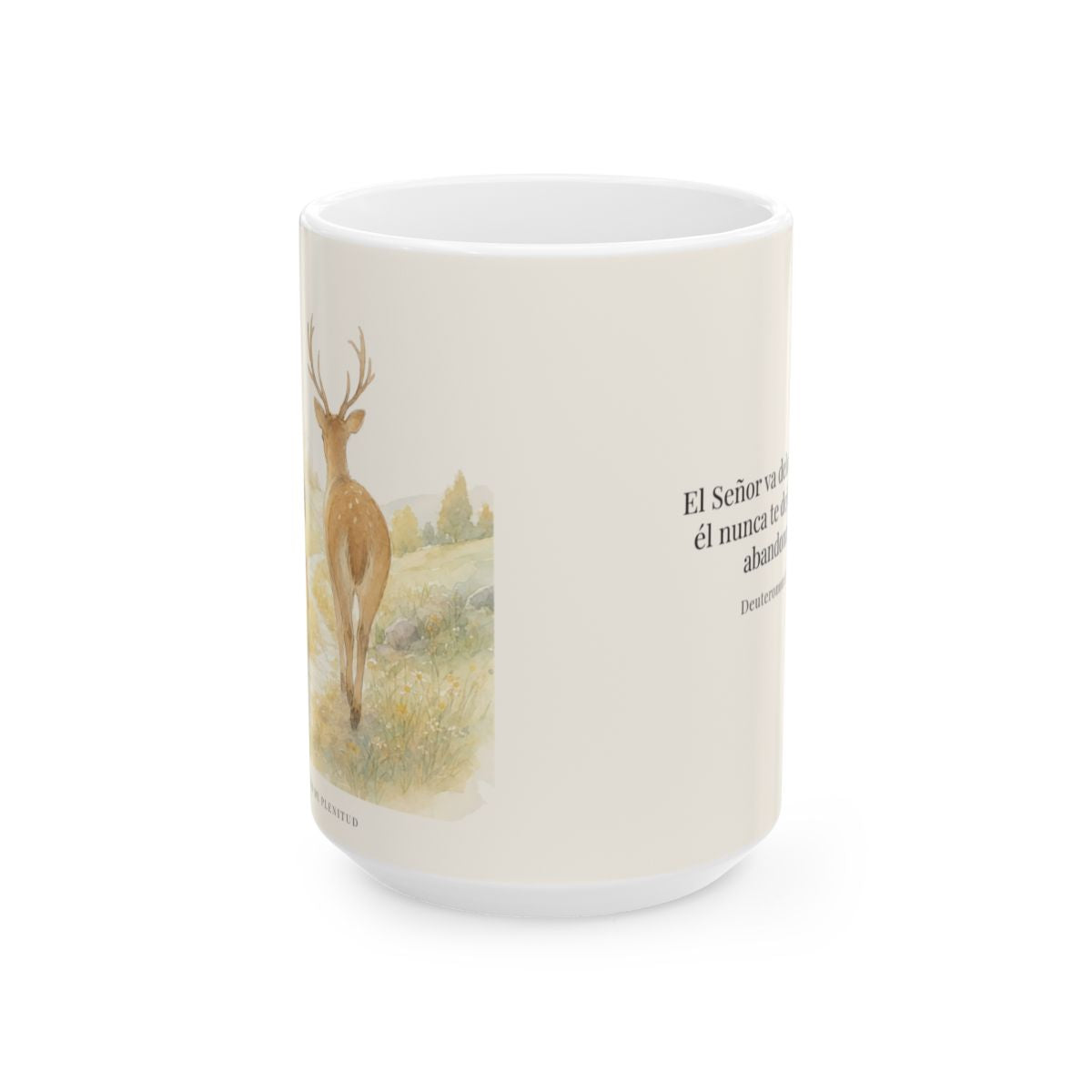 Jehová va delante de ti | Taza de fe para cada mañana | Deuteronomio 31:8 — 15 oz · Vista frontal