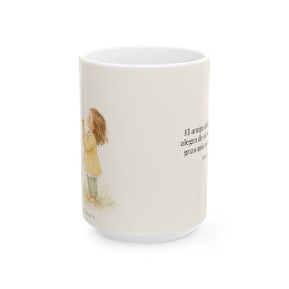 El amigo del esposo se alegra | Taza bíblica de cerámica | Juan 3:29 — 15 oz · Vista frontal
