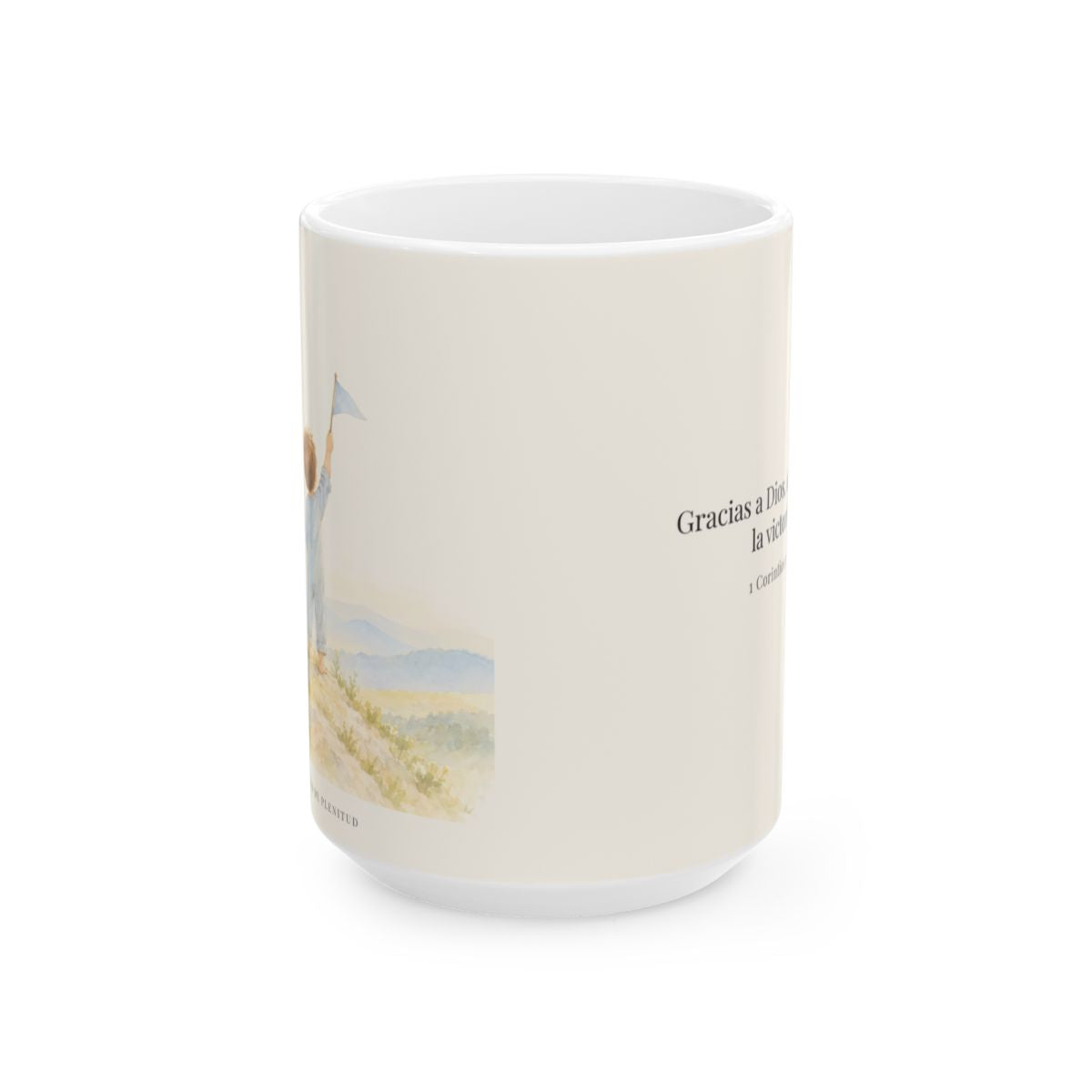 Gracias a Dios, que nos da la victoria | Taza devocional de fe | 1 Corintios 15:57 — 15 oz · Vista frontal