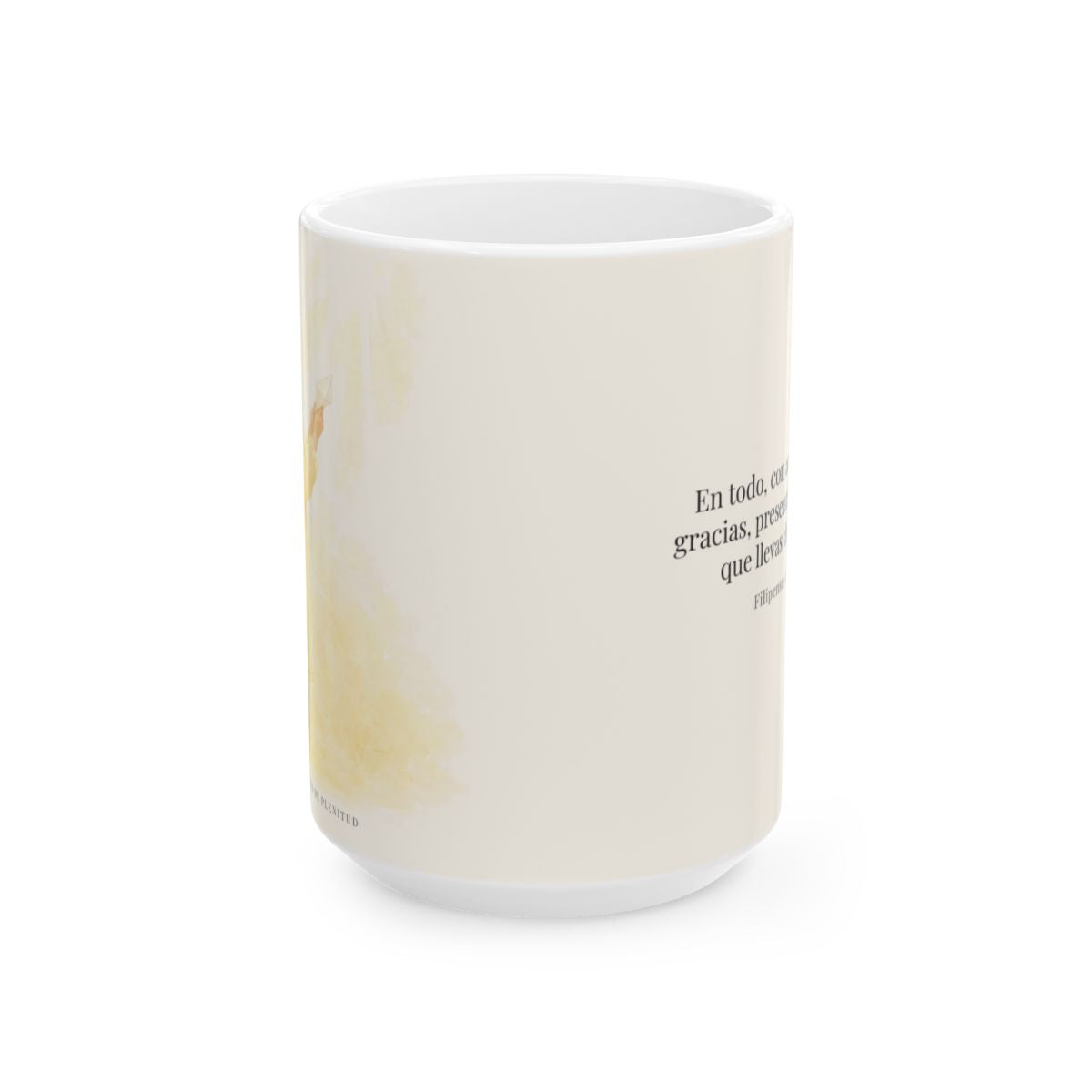 Con acción de gracias, presenta todo a Dios | Taza bíblica para café | Filipenses 4:6 — 15 oz · Vista frontal