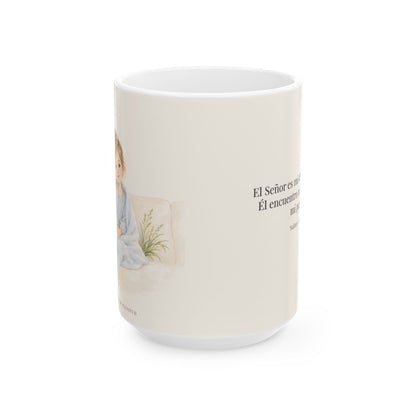 Jehová es mi descanso y mi refugio | Taza devocional de fe | Salmo 23:2 — 15 oz · Vista frontal