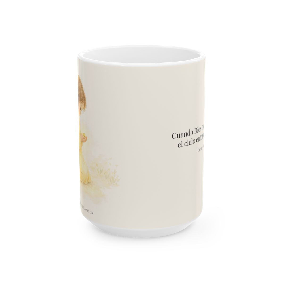 Dios se alegra cuando me encuentra | Taza de fe para cada mañana | Lucas 15:4 — 15 oz · Vista frontal