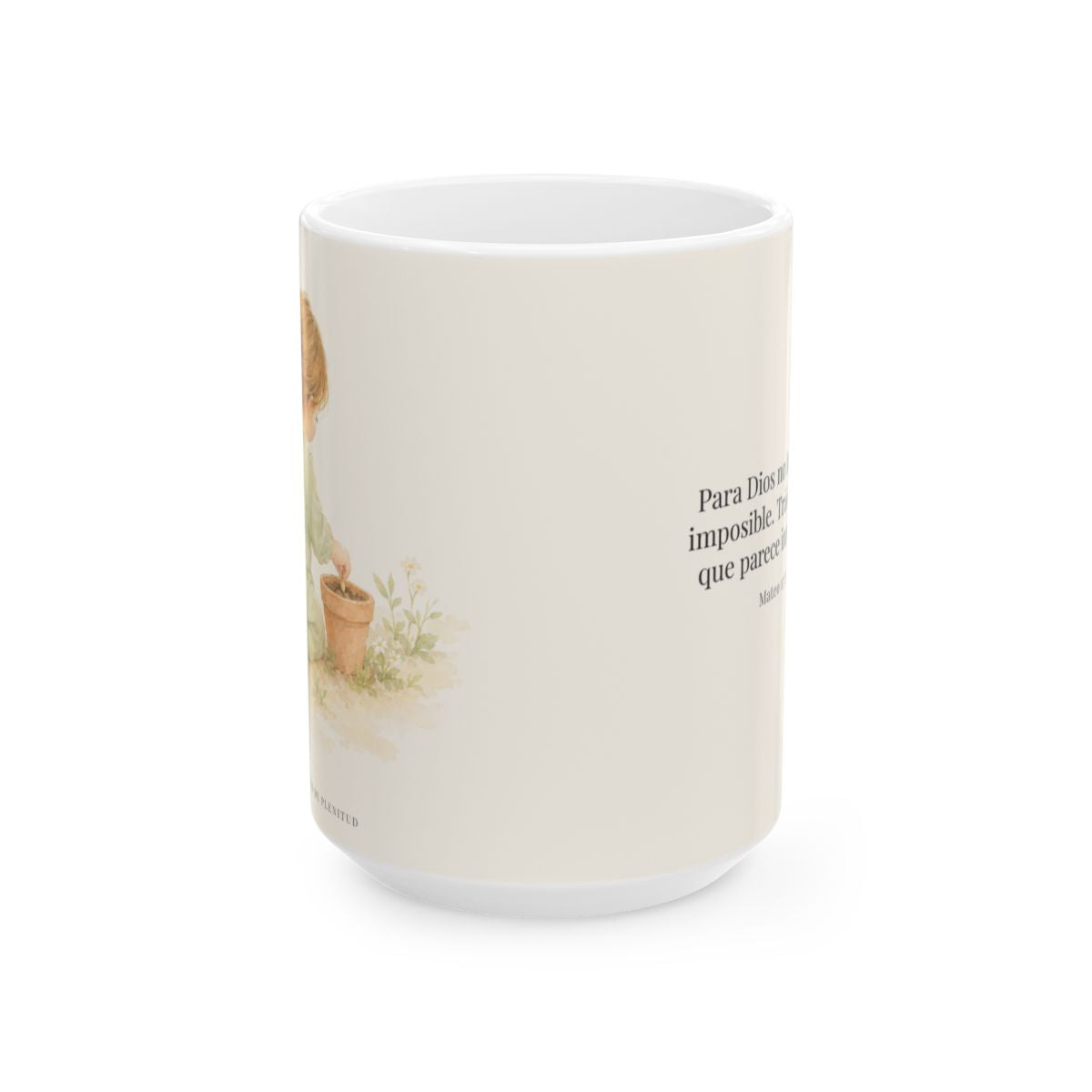 Nada hay imposible para Dios | Taza devocional de fe | Mateo 17:20 — 15 oz · Vista frontal