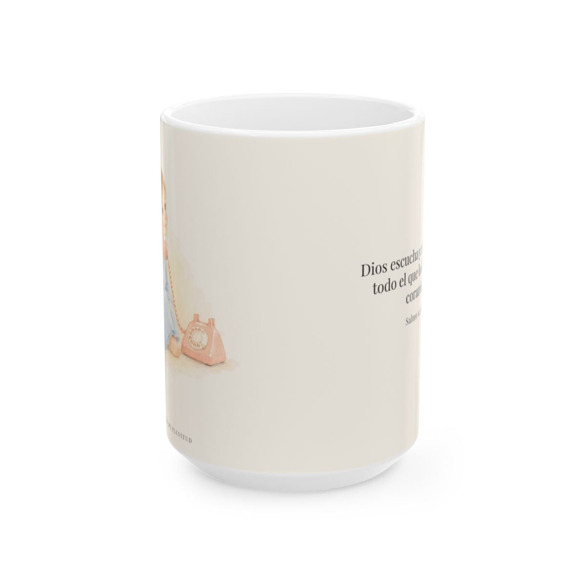Dios responde a los que le llaman de verdad | Taza con arte cristiano | Salmo 145:18 — 15 oz · Vista frontal