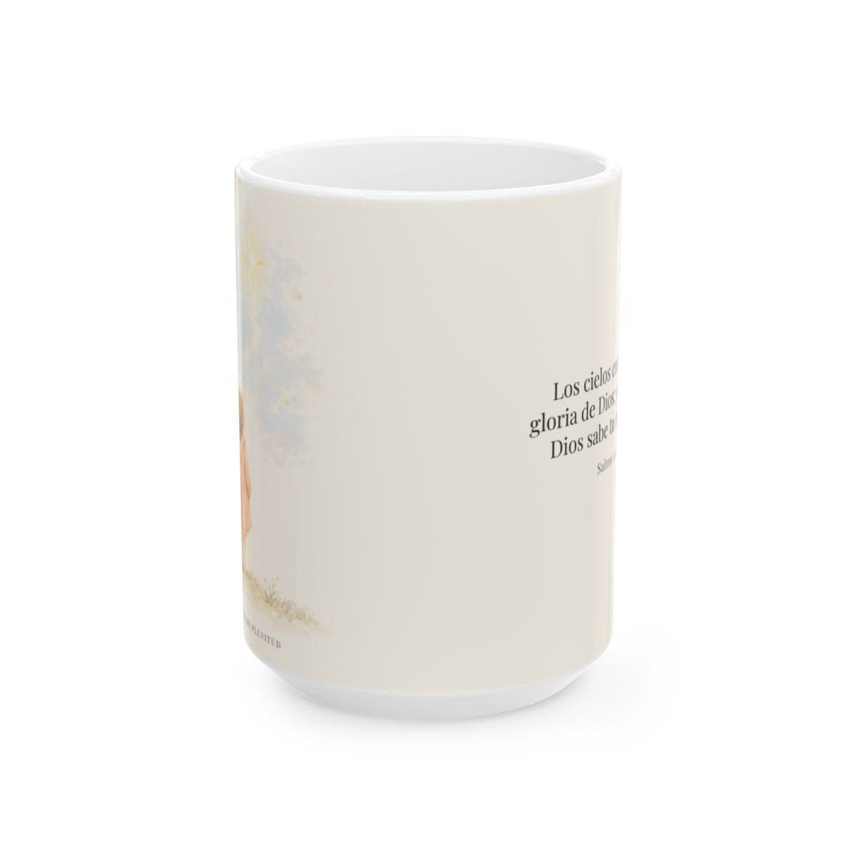 Los cielos cuentan la gloria de Dios | Taza bíblica de cerámica | Salmo 19:1 — 15 oz · Vista frontal