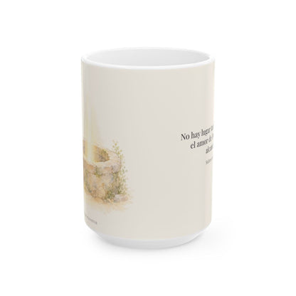 Su amor me alcanza donde yo no puedo | Taza con arte cristiano | Salmo 139:8 — 15 oz · Vista frontal