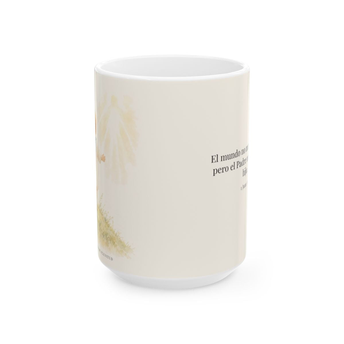 El Padre me conoce y aún así me llama suyo | Taza bíblica para café | 1 Juan 3:1 — 15 oz · Vista frontal