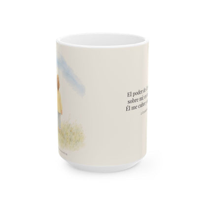 El poder de Cristo descansa sobre mí | Taza devocional ilustrada | 2 Corintios 12:9 — 15 oz · Vista frontal
