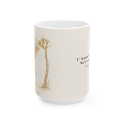 Aun en la vejez daré fruto | Taza con arte cristiano | Salmo 92:13-14 — 15 oz · Vista frontal