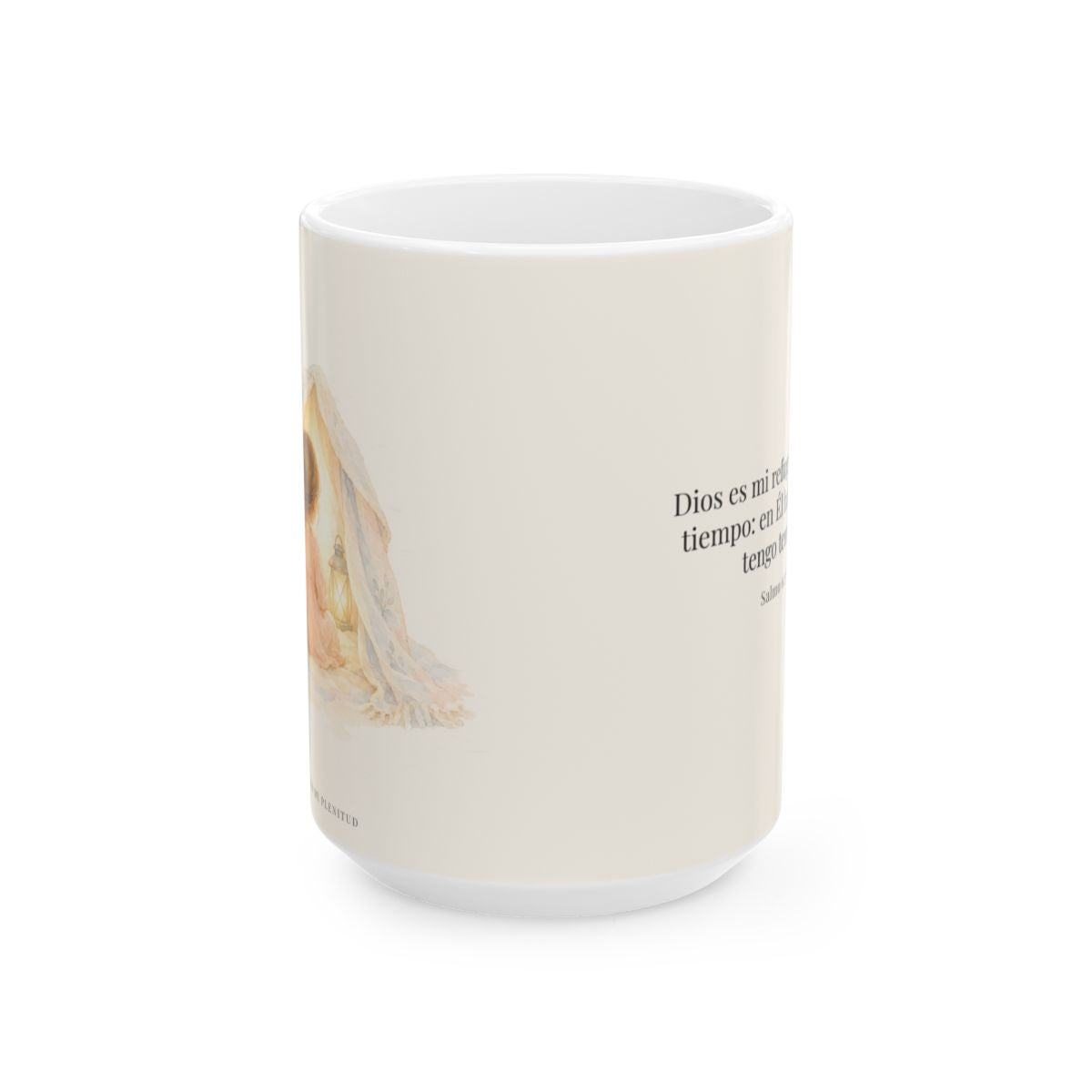 Dios es mi refugio en todo tiempo | Taza bíblica de cerámica | Salmo 62:6 — 15 oz · Vista frontal