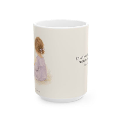 Participar de sus padecimientos me acerca a Él | Taza devocional ilustrada | Filipenses 3:10 — 15 oz · Vista frontal