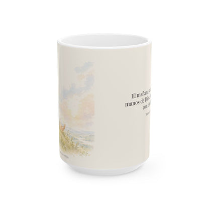 El mañana ya está en las manos de Dios | Taza de fe para cada mañana | Mateo 6:34 — 15 oz · Vista frontal