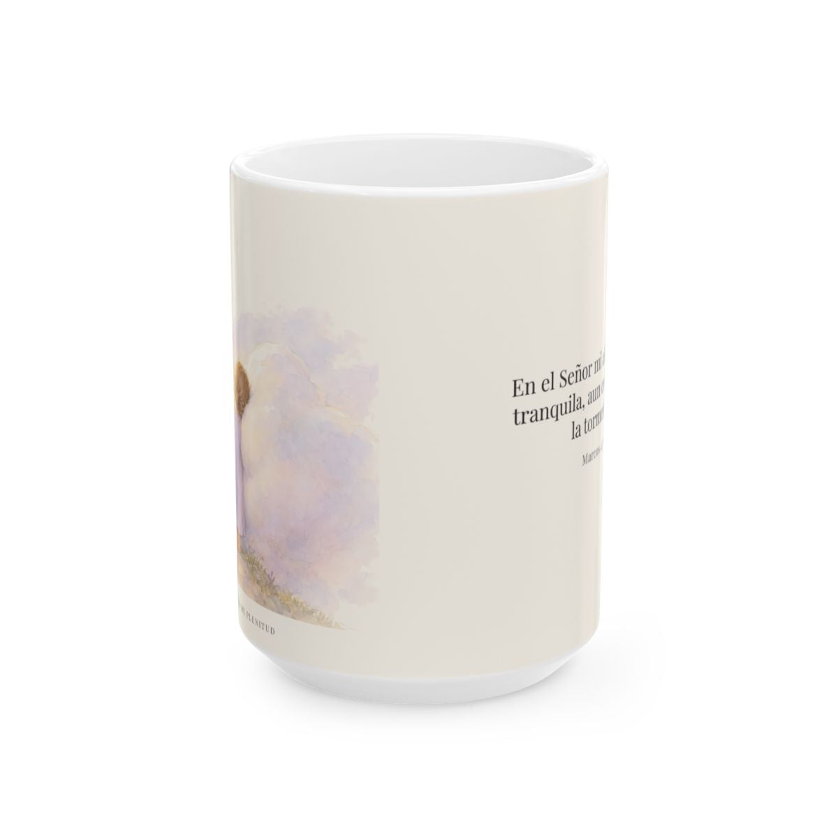 En el Señor mi alma reposa tranquila | Taza cristiana con frase devocional | Marcos 4:39 — 15 oz · Vista frontal