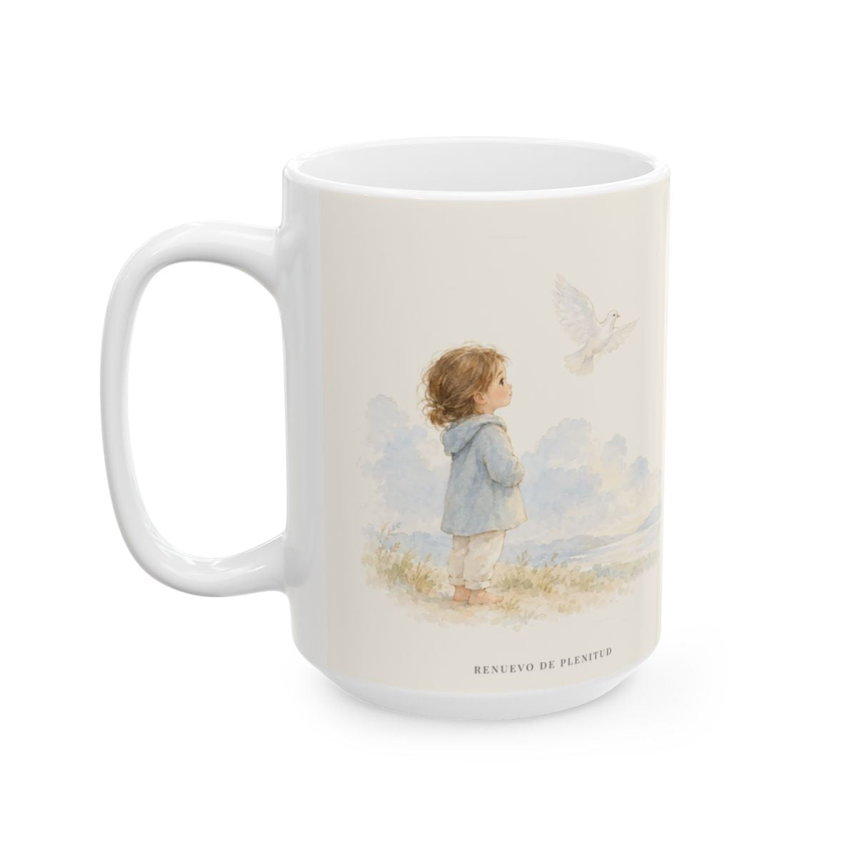 El Espíritu ora por mí cuando no tengo palabras | Taza bíblica de cerámica | Romanos 8:26 — 15 oz · Cara ilustrada