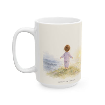 Cuan lejos está el oriente del occidente | Taza devocional ilustrada | Salmo 103:12 — 15 oz · Cara ilustrada