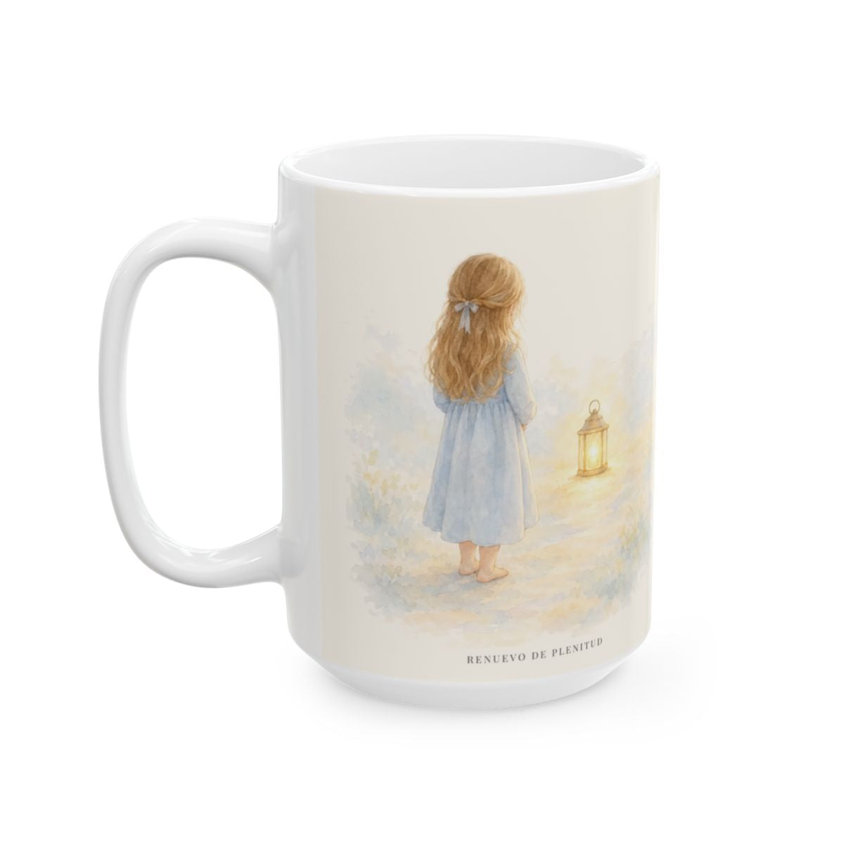 La luz de Dios brilla en mis tinieblas | Taza devocional ilustrada | Juan 1:5 — 15 oz · Cara ilustrada
