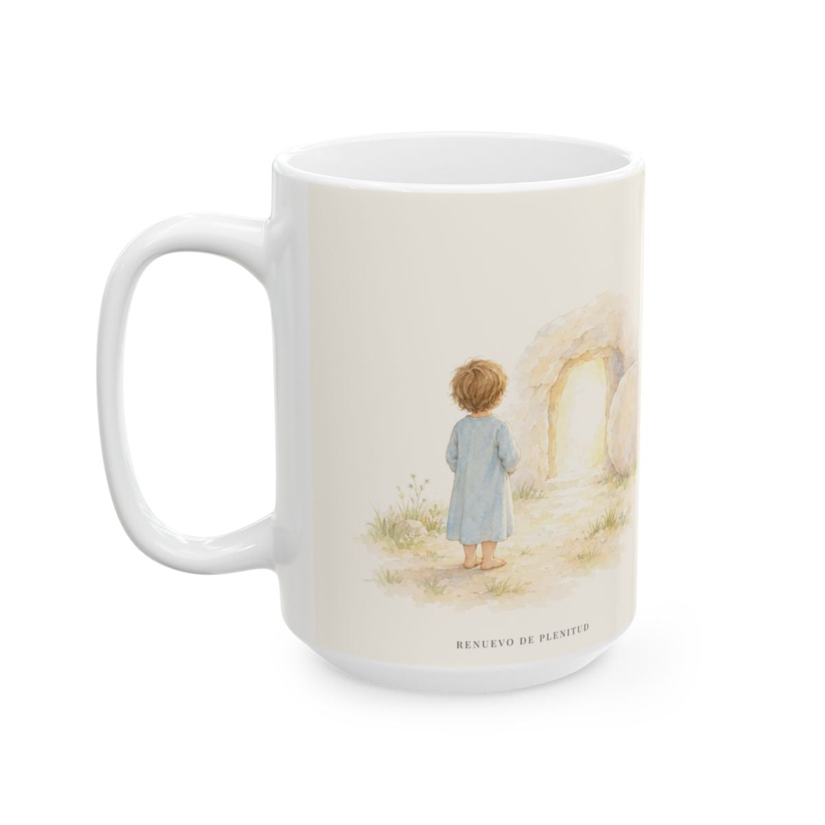 Cristo vive y la muerte ya no reina | Taza cristiana en dos tamaños | Romanos 6:9 — 15 oz · Cara ilustrada