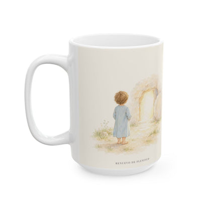 Cristo vive y la muerte ya no reina | Taza cristiana en dos tamaños | Romanos 6:9 — 15 oz · Cara ilustrada