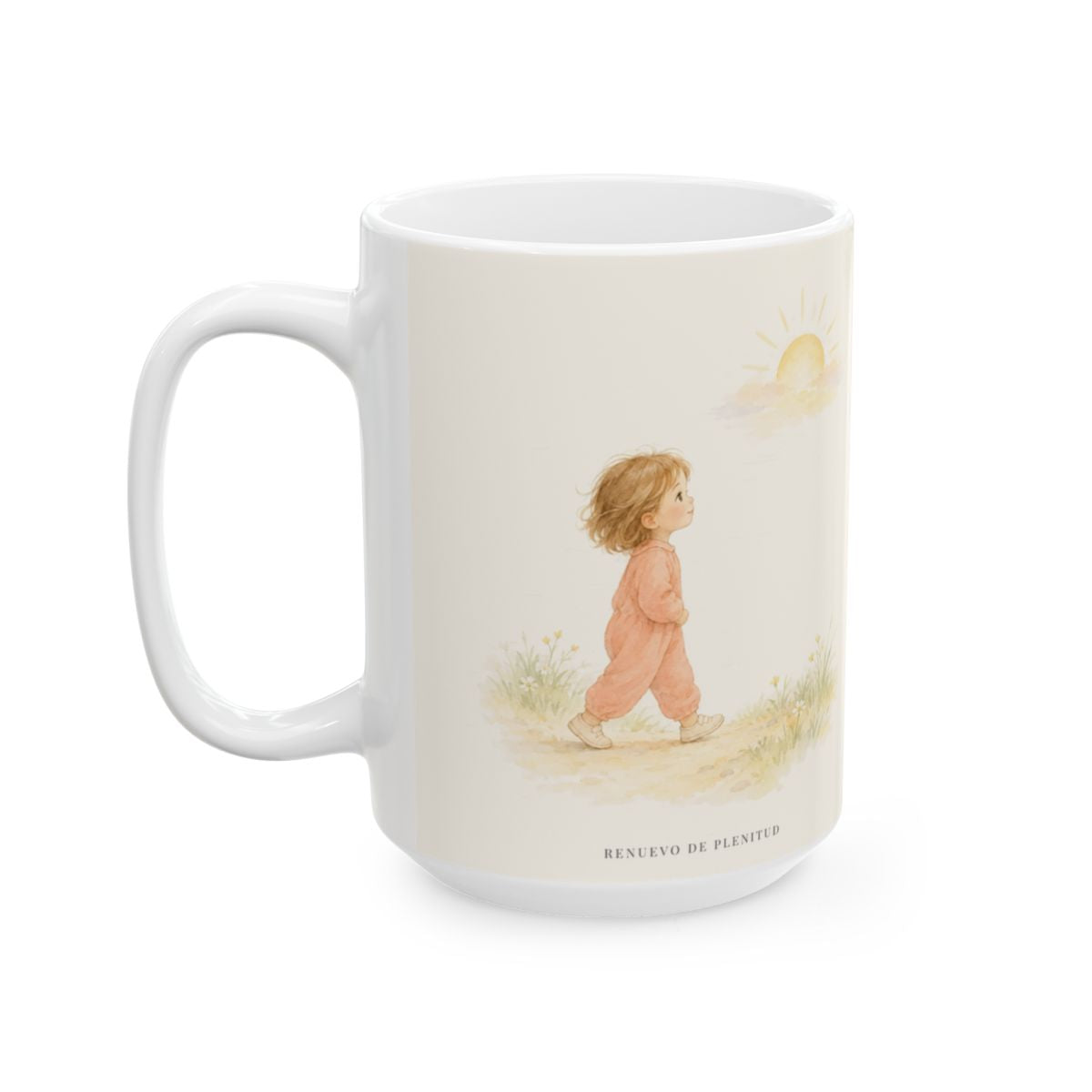 Dios me da nuevas fuerzas cada mañana | Taza cristiana para regalar | Hebreos 12:1 — 15 oz · Cara ilustrada