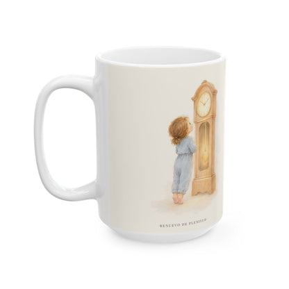 Las manos de Dios no se detienen por mí | Taza de fe para cada mañana | Juan 5:17 — 15 oz · Cara ilustrada