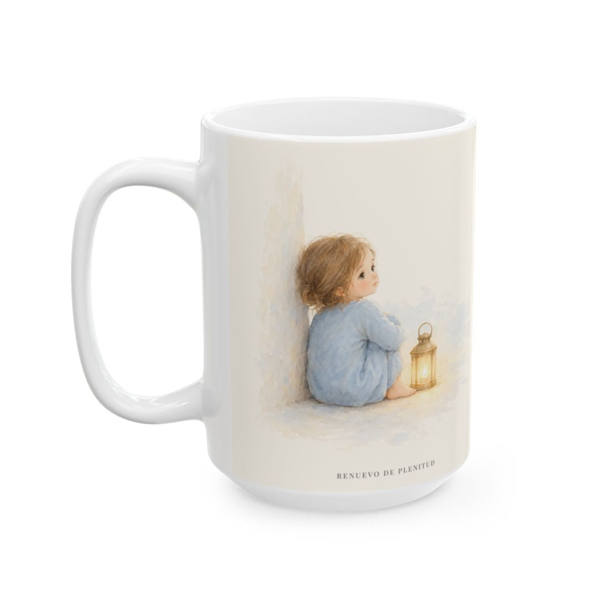 Jehová está cerca de los quebrantados de corazón | Taza devocional ilustrada | Salmo 34:18 — 15 oz · Cara ilustrada