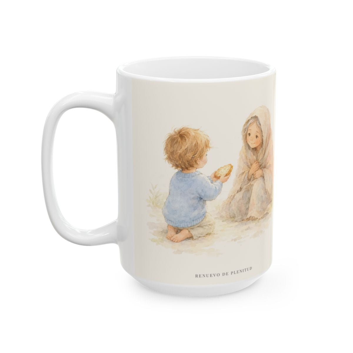 El amor de Dios se da en cosas pequeñas | Taza bíblica para café | Mateo 25:40 — 15 oz · Cara ilustrada