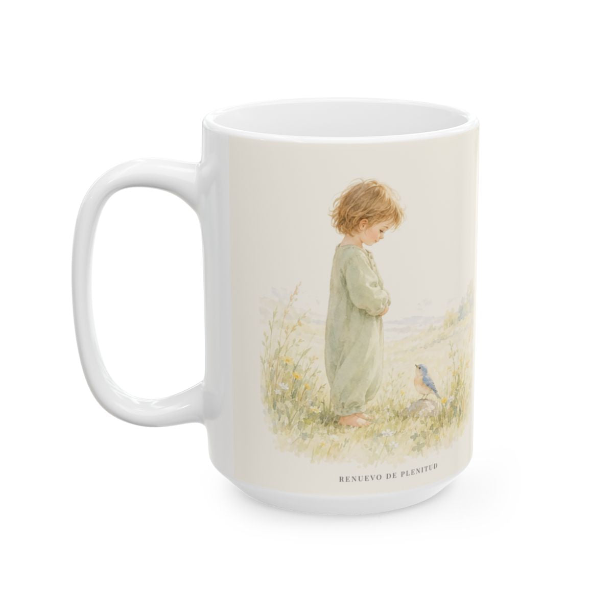 El Señor me conoce por mi nombre | Taza de fe para cada mañana | Juan 10:27 — 15 oz · Cara ilustrada