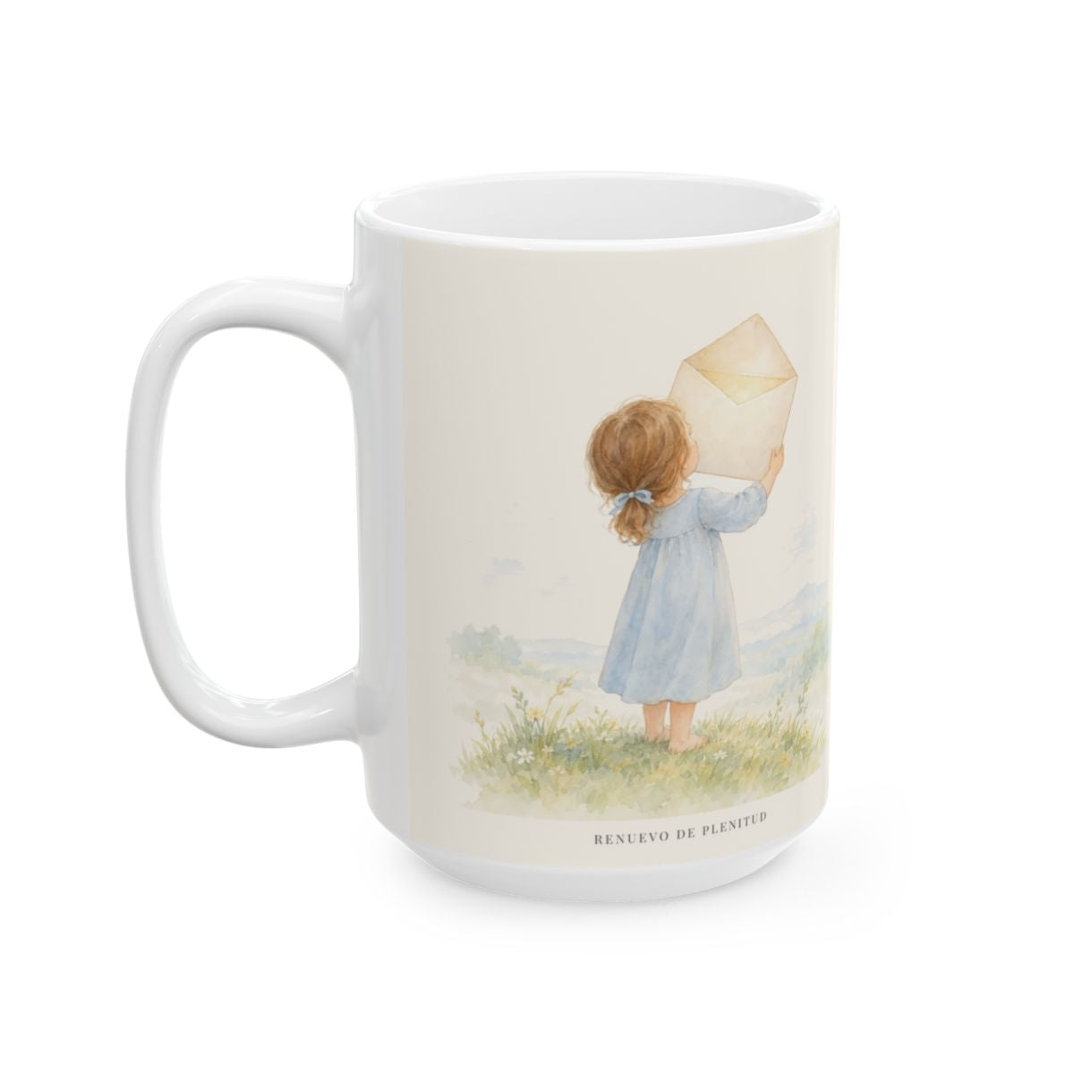 El Padre me da su apellido | Taza devocional de fe | 1 Juan 3:1 — 15 oz · Cara ilustrada
