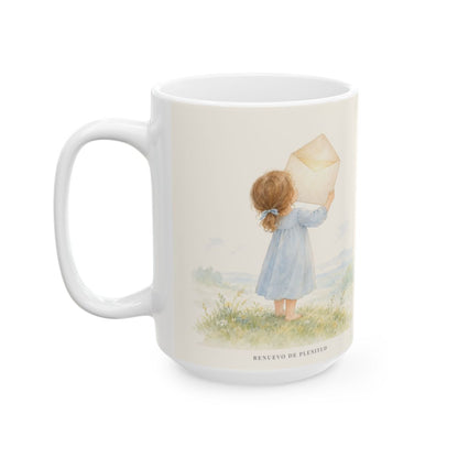 El Padre me da su apellido | Taza devocional de fe | 1 Juan 3:1 — 15 oz · Cara ilustrada